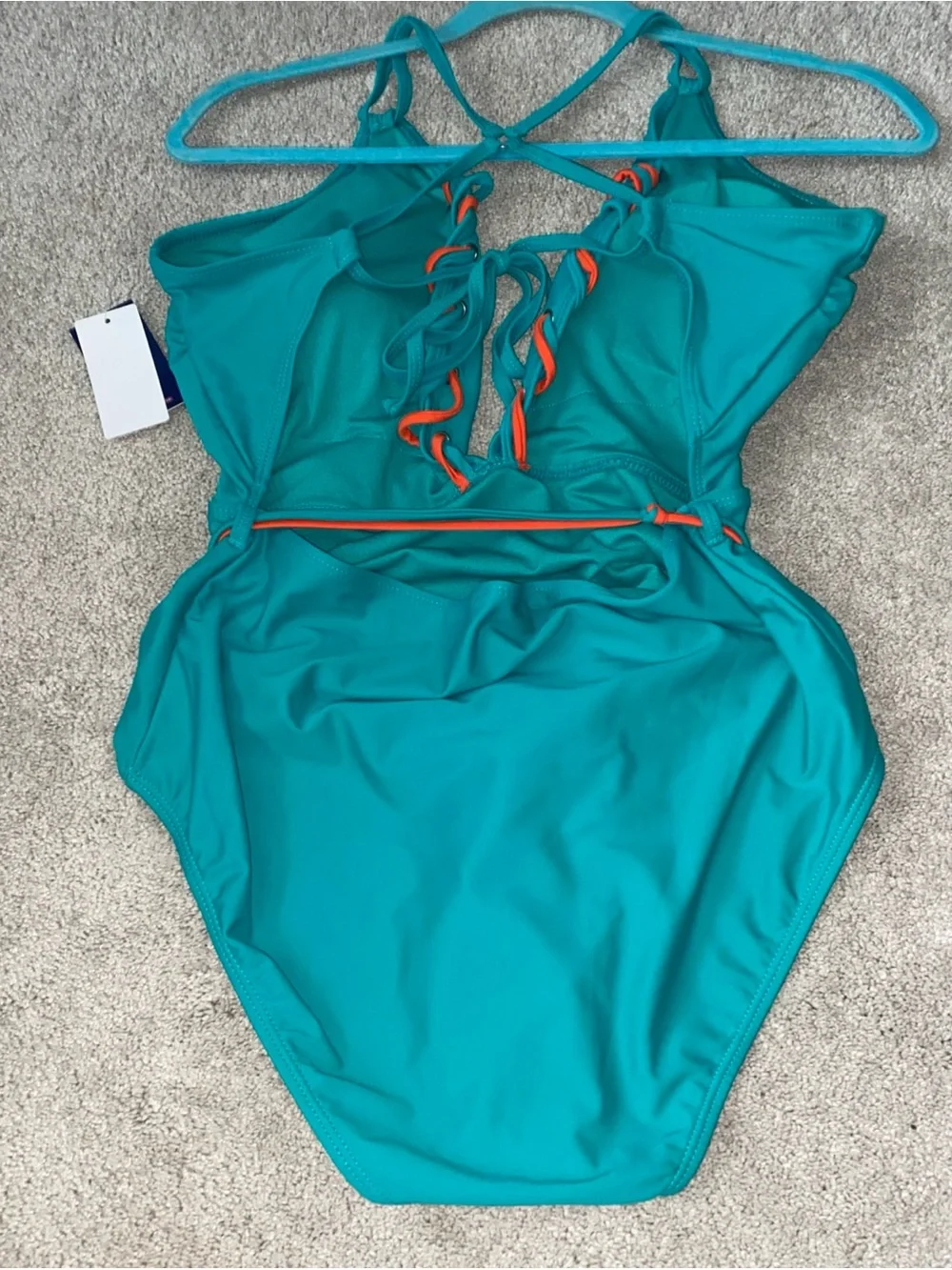 Vigoss Size Large One Piece Swimsuit Green Plunge Neckline Orange Accents‎ NWT